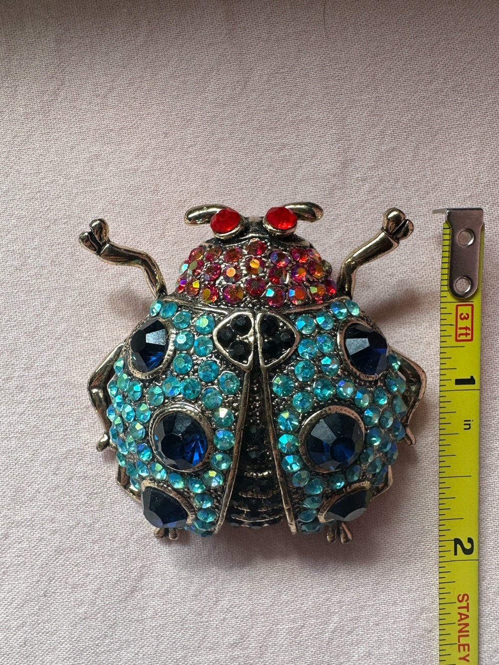 Gold Tone Iridescent Jeweled Beetle Brooch - Picture 7 of 17